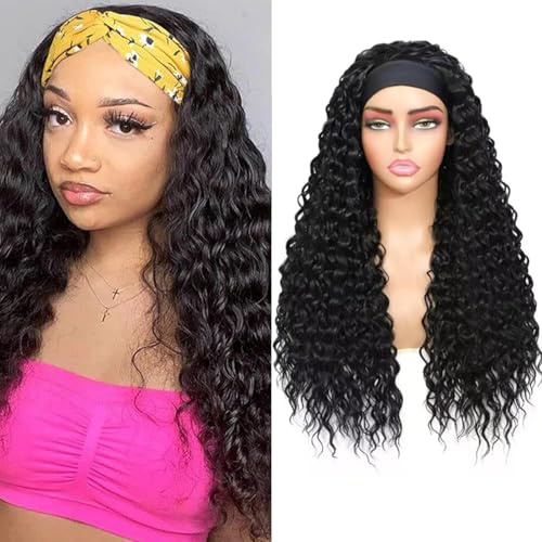 Yacurcur Curly Kopfband Perücke Lose Wasser Welle Kopfband Perücken Keine Spitze Perücke Glueless für Frauen synthetische 150% Dichte natürliche Farbe 24 Zoll (1B)
