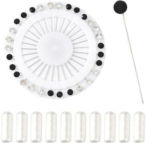 SUNNYCLUE 30 Stück Strass Stecknadeln Mit Rundem Kopf Schwarz Weiß Metall Eisen Kristall Muslimischer Hijab Schal Kleidung Gerade Brosche Mit 10 Stück Sicherheitskappen Für Schmuck Schals Hochzeitsdek