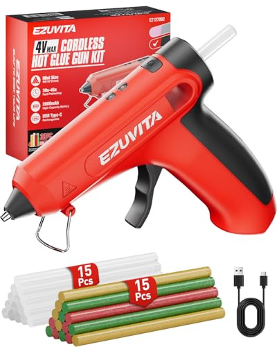 EZUVITA 4V Red Cordless Hot Glue Gun Kit with 30 Multi-Color Glue Gun Sticks, Fast Preheating, Smart Power-Off, USB-C Rechargeable with 2600mAh Built-in Battery, Less-Drip for DIY, Decorations