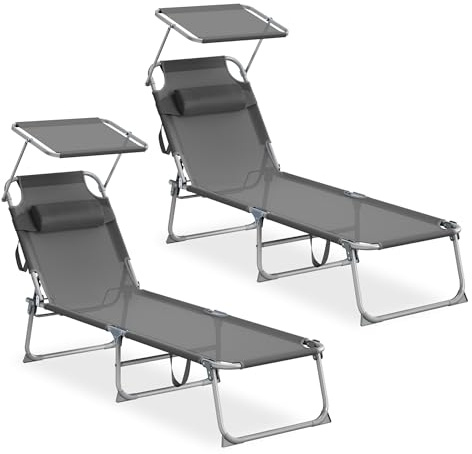 SONGMICS Tumbonas Plegables, 189 x 53 x 28,5 cm, Juego de 2 Tumbonas para Jardín, con Cojines, Cada Una con Carga 110 kg, con Parasol y Respaldo Ajustables, para Terraza y Balcón, Gris GCB292GZ02