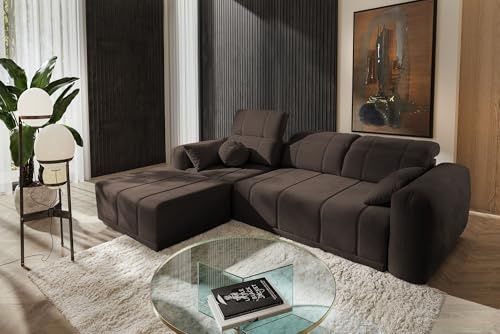 IM SOFA Modernes Ecksofa Ravello I mit Schlaffunktion & Bettkasten, verstellbare Kopfstützen und Rückenlehnen, Wohnzimmer Couch (Braun, Links)