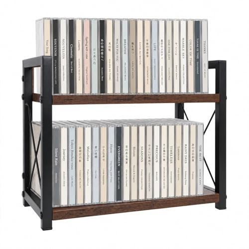 Raoletin 2 Tier CD Storage Rack, Desktop Wood and Metal CD Holder with Display Top, Holds 42 Standard CDs, Open CD Storage Shelf for Home Office, Living Room, Studio, Music Enthusiasts