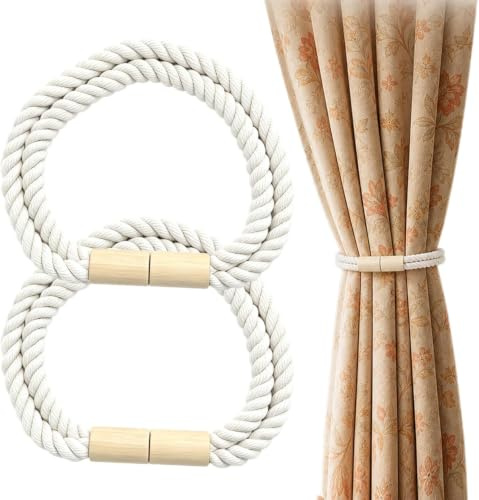 2 Stück Boho Holz Magnetische Vorhang Raffhalter, Beige Baumwollseil Vorhanghalter,Nickel-beschichteter starker Magnet, rostbeständig, bohrlose Installation, Keine Wandbeschädigung