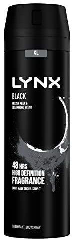 Lynx Black Aerosol Body Spray Men's Deodorant Spray with a frozen pear & cedarwood scent for 48 hours of odour-busting, high definition fragrance 200 ml