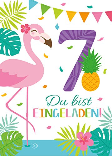 Junaversum 12 Einladungskarten zum 7. Geburtstag Kinder fünfte Kindergeburtstag Mädchen Flamingo