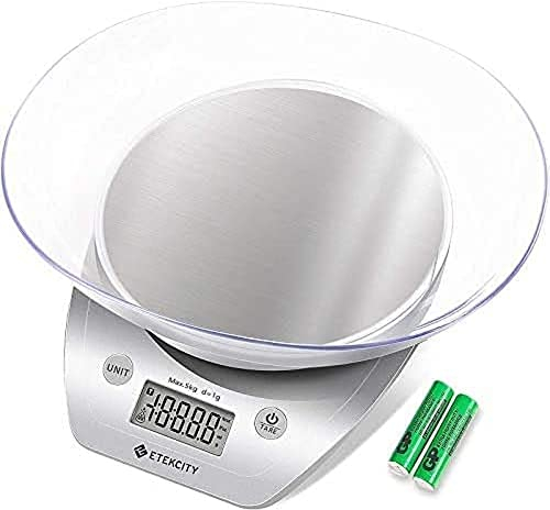 Etekcity Balance de Cuisine Electronique de Haute Précision en Acier Inoxydable, Multi-Fonction, 5kg/11lb, Bol Amovible, Mesure de Liquide (argenté)