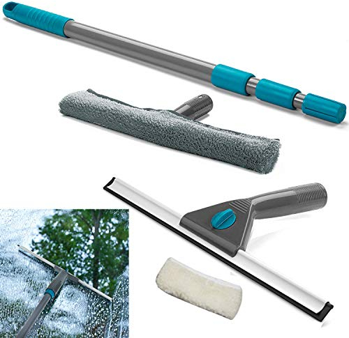 Window Cleaning Tool Kit - Mop Wash & Wipe Set | Extension Pole, Telescopic Squeegee Kit | Cleaning Washer Tools | Durable | Long Lasting