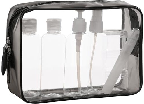 MOCOCITO Beauty Case da Viaggio Trasparente,Set Bottigliette da Viaggio per Aereo 8 Pezzi Contenitori Liquidi 100ml,Borse da Viaggio Impermeabile,TSA Borsa Viaggio Cosmetici Trousse Trasparente