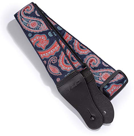 KLIQ Gewebter Retro-Gitarrengurt für Akustik- und E-Gitarren, 60er Jahre, Jacquardgewebe, Hootenanny-Stil, 2 Gummi-Gurtsicherungen im Lieferumfang enthalten, Paisley-Blue/Red