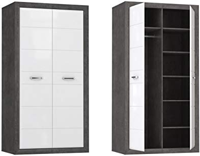 Kleiderschrank Lennox New ENXS821, Schrank, 2 Türiger Drehtürenschrank mit 6 Einlegeboden und 1 Kleiderstange, Betonoptik mit Weiß Hochglanz
