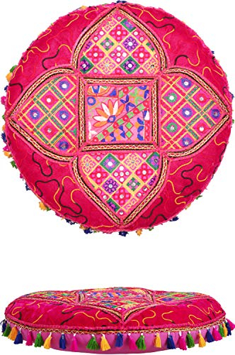 Orientalische Kissen Bodenkissen Bunt aus Baumwolle ø 55cm inklusive Füllung | Marokkanisches Sitzkissen Sitzpouf Bahri Pink Rund | Orientalisches rundes Yogakissen Meditationskissen bestickt