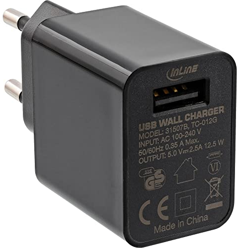 InLine® Cargador USB único, Fuente de alimentación, Adaptador de Corriente, 100-240 V a 5 V/2,5 A, Color Negro