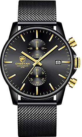 GOLDEN HOUR Orologi da polso da uomo, alla moda, sportivi, analogici, al quarzo, in acciaio inox, impermeabile, cronografo, data automatica (New Gold Black)