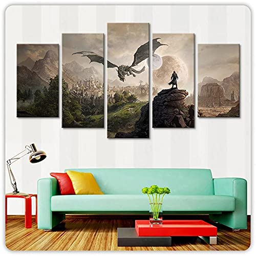 Wondbeau Poster & Kunstdrucke 5 Stück Leinwandelder Scrolls 4 Skyrim-Spiel 150×80Cm Mit Rahmen 5 Panel Kunstdrucke Wandbild Malerei Modulare Wohnkultur Bürodekoration