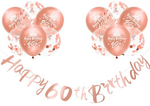 Happy 60th Birthday Banners Rose Gold Women 60th Birthday Banner Bunting Personalized Including 12 Pack 12” Latex Printed Balloons Women 60 Decorations Supplies