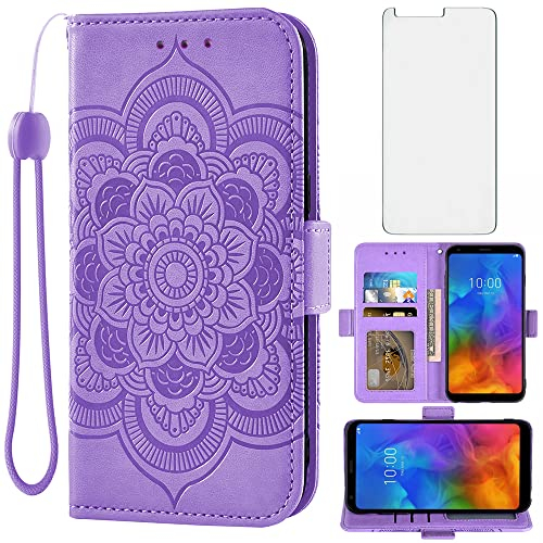 Asuwish Schutzhülle für LG Q7 Q7+ Plus 7Q Alpha und Displayschutzfolie aus gehärtetem Glas, Leder-Klapphülle mit Kreditkartenfächern, Handyhüllen für LGQ7+, Q7Plus, Q7a, für Damen und Herren, Violett
