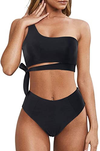 Rayson Donna Vita Alta Costume da Bagno a Due Pezzi Bikini Set Chic Monospalla retrò con Spalline Laterali(Nero,XL)