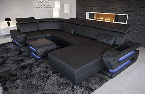 Sofa Bologna als Wohnlandschaft in der U-Form Leder Couch mit USB Kopfstützen Beleuchtung Ledersofa als Designersofa mit Stauraum (Ottomane rechts (auf Sofa blickend), Black)