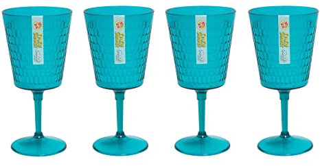 Set of 4 Wine Glasses Plastic Teal Honeycomb Design Reusable Summer Party BBQ Goblets Cups Drinkware
