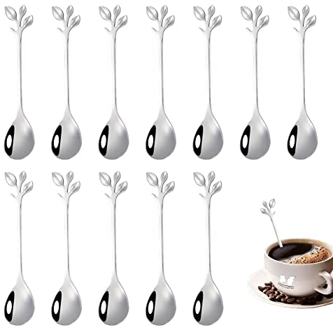 12 Stück Kaffeelöffel, Stainless Steel Leaf Coffee Spoons, Leaf Shape Handle Spoon, Stainless Steel Tea Spoon, Stainless Steel Teaspoon Cutlery Set for Cocktail Tableware, Party, Coffee, Tea, Milk