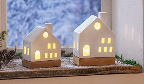 2X Haus White aus Porzellan, weiß glänzend, mit LED-Beleuchtung, Leuchtdeko, Dekohaus