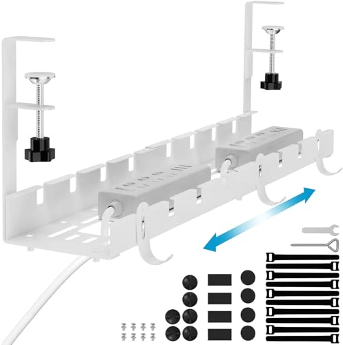 Flow fire No Drill Under Desk Cable Management Tray, 11.2inch-21.7inch Retractable Under Desk Cable Tray for Wire Management (White)