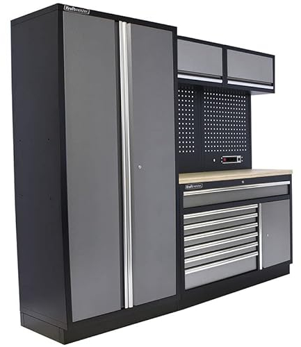Kraftmeister Iowa Werkstatteinrichtung - Männerküche mit 7 Schubladen und 4 Schränken - Werkzeugschrank, Garage - modulares Werkbank mit Holzarbeitsplatte (Multiplex) und Werkzeugwand - Grau