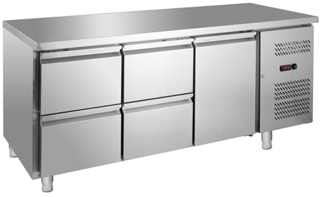 GastroHero Kühltisch, 1 Tür, 4 Schubladen, 1 Boden, Edelstahl GNH3140TN | Geeignet für GN 1/1 Behälter, Bleche & Roste, 1 Zwischenboden, Umluftkühlung, elektronisches Thermostat -2 bis +8°C