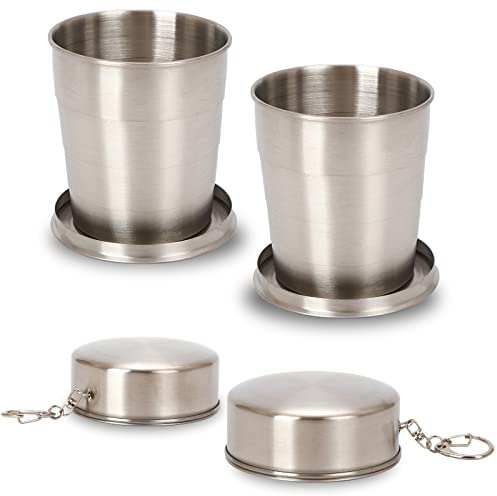 2 Pezzi Tazze pieghevoli in acciaio inossidabile Tazza da Viaggio Telescopica All'aperto 250ml Leggero Coppa In Metallo Da Campeggio Tazza Pieghevole Retrattile con Portachiavi per Acqua Caffè Vino
