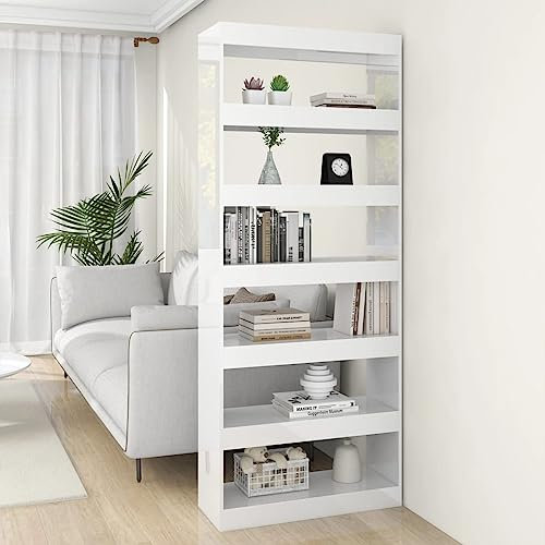 Natulvd 6 Tier Bookcase, 198 cm Tall Narrow Bookshelf with Open Shelves, Plant Stand Corner Shelf Room Divider for Kitchen, Livingroom, Hallway - White High Gloss -
