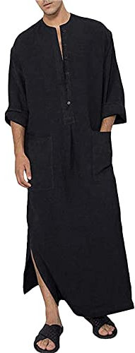 YAOHUOLE Caftan Musulman pour Homme Longue Manches Robe Caftan Arabe Noir 2XL