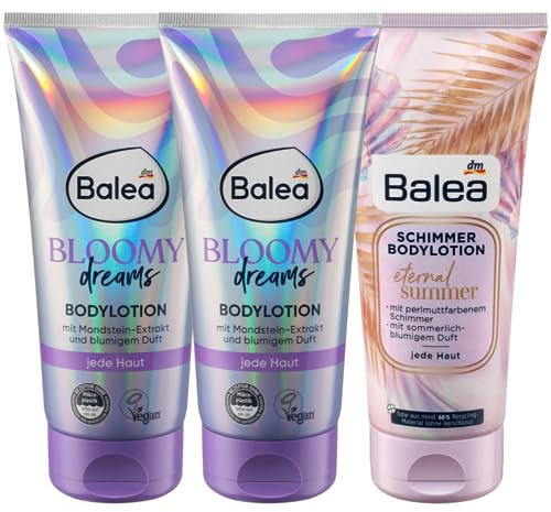 Balea 3er-Set Hautpflege: Bodylotion Bloomy Dreams (2 × 200 ml) + Eternal Summer Schimmerlotion (200 ml), 600 ml