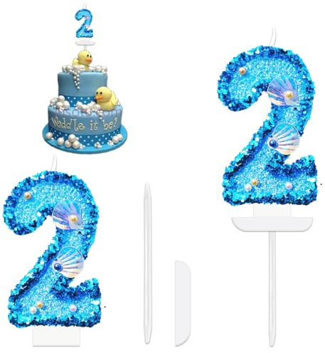 Geburtstag Nummer Kerzen, Glitzer Zahlenkerze Blau Geburtstagskerzen Zahlen, Geburtstagskuchen Kerzen mit Pailletten und Muschel für torte Geburtstag Jubiläum Meerjungfrauen-Mottoparty (Nummer 2)
