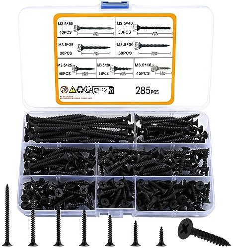XhjzgcTech 285-teiliges Hornkopf-Flachkopf-Holzschraubenset, Phillips-Antrieb, Senkkopf-Plattenbauschrauben-Set, selbstschneidende Grobgewindeschrauben für Trockenbauholz, M3,5