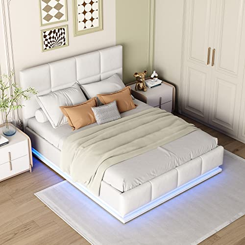 Azkoeesy Polsterbett 140 x 200 cm mit LED-Beleuchtuing, Polsterbett Doppelbett Jugendbett mit Stauraum und Bettkasten, mit Lattenrost ud Kopfteil, Kunstleder-bezug, Moderner Schlafzimmermöbel, Weiß