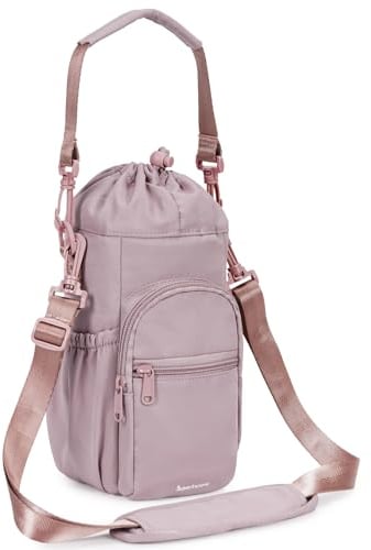 sportsnew Water Bottle Carrier with Shoulder Strap Insulated Water Bottle Holder Sling Bag 1L with Phone Pocket Water Bottle Pouch Sleeve for Walking Hiking, Pure Pink