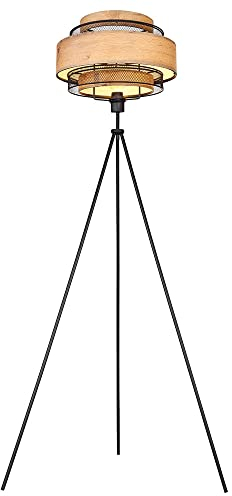 LED Stehleuchte Deckenfluter Holz Wohnzimmerleuchte Beistelllampe Schlafzimmer, 3-Bein Stativ Metallgeflecht schwarz, 7W 806lm warmweiß, H 150cm