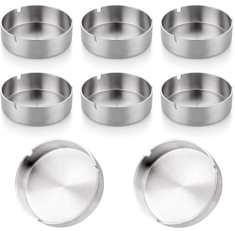 Aschenbecher,8 Stücke 8cm Rund Edelstahl Zigarettenasche Set für Innenraum und Draußen,(Sliver,8 Stücke)