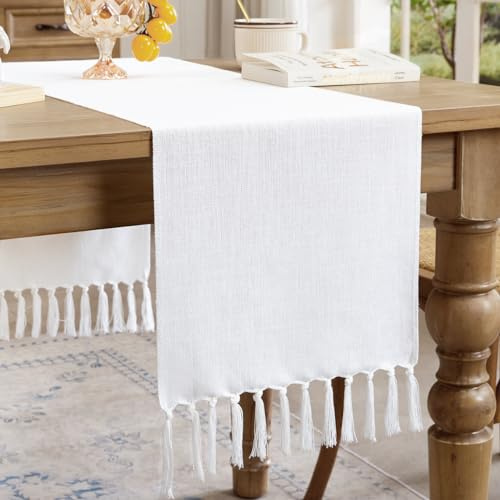 Aoztio Tischläufer Weiß, Boho Baumwolle Leinen Tischläufer Outdoor | 33 x 90 cm, Waschbarer, Landhausstil Quasten, Geburtstag, Hochzeit, Festessen Urlaub Parteien und täglichen Gebrauch