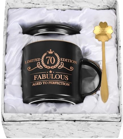 Joymaking 70. Geschenk für Frauen Geburtstag 12oz Kaffeetasse mit Geschenkpackung, Geburtstagsgeschenk für Mutter Mitarbeiter Freund Chef, Kaffee Tasse für Geburtstag Weihnachten, Schwarz 320ml