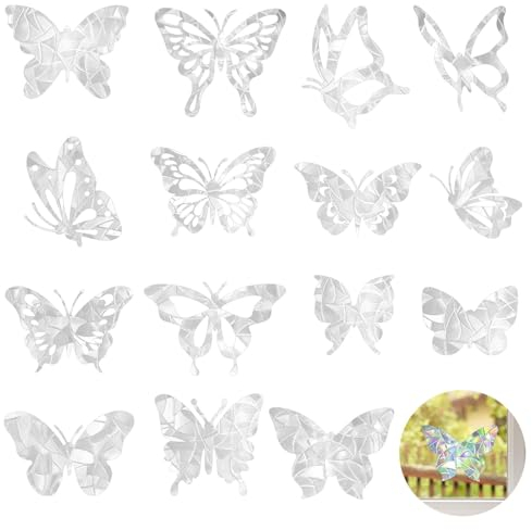 EEEKit Prisma Fensteraufkleber, Suncatcher Sticker Regenbogen Schmetterling 16 Stück, Statik Prisma Glas Aufkleber für Fensterdeko, Sonnenfänger Dekoration und Vogelschlag-Schutz