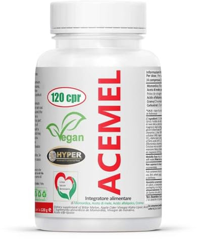 Hyper Acemel - Integratore Naturale per Ridurre l'Assorbimento dei Carboidrati e rallentare l’Assimilazione degli Zuccheri ed il controllo della glicemia - con Aceto di Mele e Momordica 120 Compresse