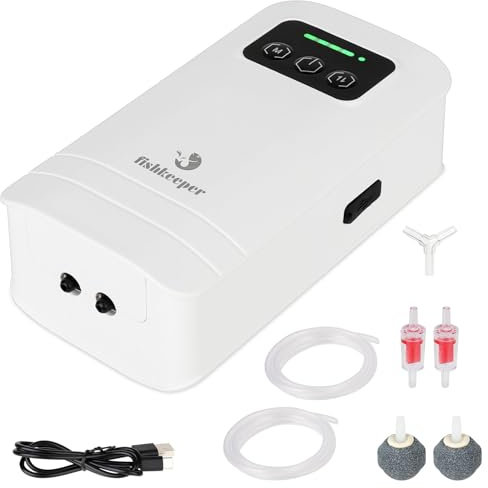 fishkeeper Battery Powered Aquarium Air Pump, USB Rechargeable Aerator Fish Tank Air Pump for 10-210 Gallons Portable Oxygen Pump for Outdoor Fishing, Power Outages and Emergency (6W 110GPH)