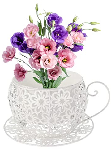 Cndiyald Metal Plant Pot Flower Pots Coffee Saucer Teacup Garden Planter Vintage Succulent Plant Holder White