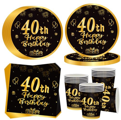 OMZSXK Vajilla de Fiesta de 40 Cumpleaños Para 16 Invitados, Color Negro y Dorado, Platos de Papel, Vasos y Servilletas Para Hombres y Mujeres, Decoración