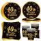OMZSXK Vajilla de Fiesta de 40 Cumpleaños Para 16 Invitados, Color Negro y Dorado, Platos de Papel, Vasos y Servilletas Para Hombres y Mujeres, Decoración