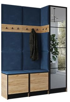 KIER FURNITURE Flurgarderobe Modern - Garderobenschrank mit Sitzbank, Haken und Schuhschrank - Flur Möbel Geräumig und Stilvoll - BxHxT 159,6x205x39cm - Craft Eiche + Blau
