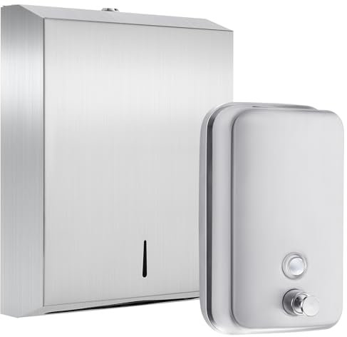 Kritkin Handelsüblicher Seifenspender und Papierhandtuchspender-Set mit Schloss, Edelstahl, Wandhalterung, manuelle Flüssigkeitspumpe mit großer Kapazität, rostfrei, auslaufsicher, für Zuhause