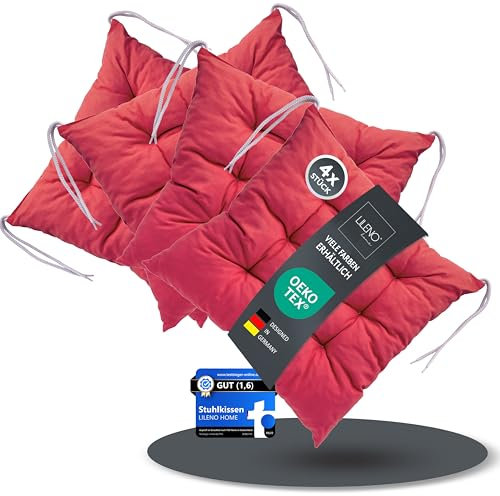 LILENO HOME 4er Set Wende Stuhlkissen Rot (40x40x6 cm) - Streifen Sitzkissen für Gartenstuhl, Küche oder Esszimmerstuhl - Indoor u. Outdoor Stuhlauflage als Stuhl Kissen (Linda FUM)