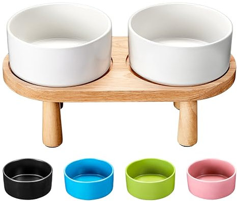 MOPANG Elevated Dog Bowls Ceramic for Small Breed, Elevated Cat Bowl with Wood Stand, 1.7 Cups Dog Food and Water Bowl Set, 14FL.OZ, Ivory White